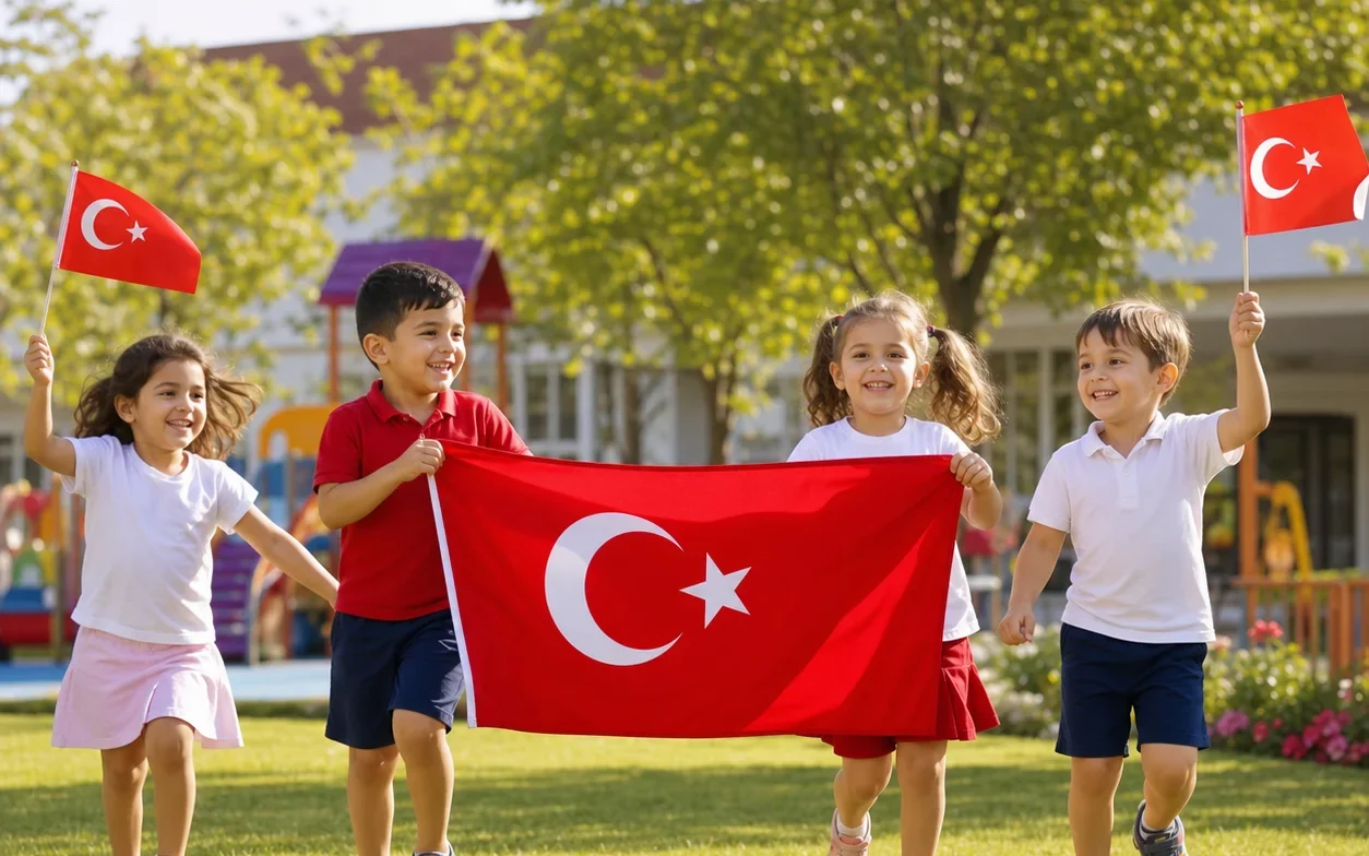 Temsilî görsel: bahçede Türk bayrağı taşıyan ve elinde küçük bayraklarla koşan dört çocuk